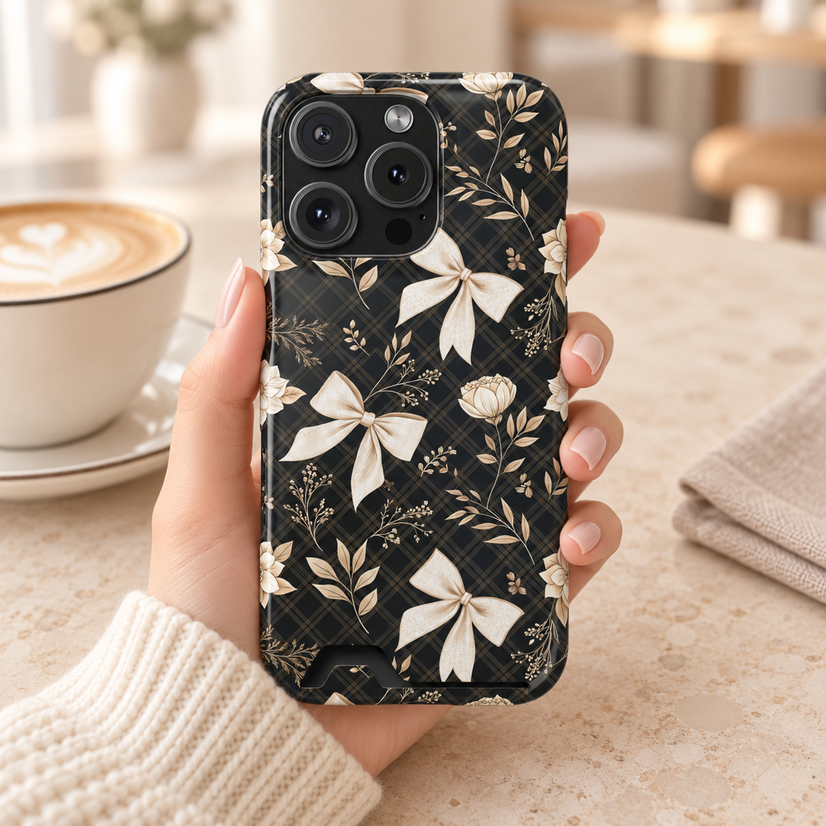Midnight Bow phone case with card holder, cream bows and golden florals on black, lifestyle photo in hand with coffee