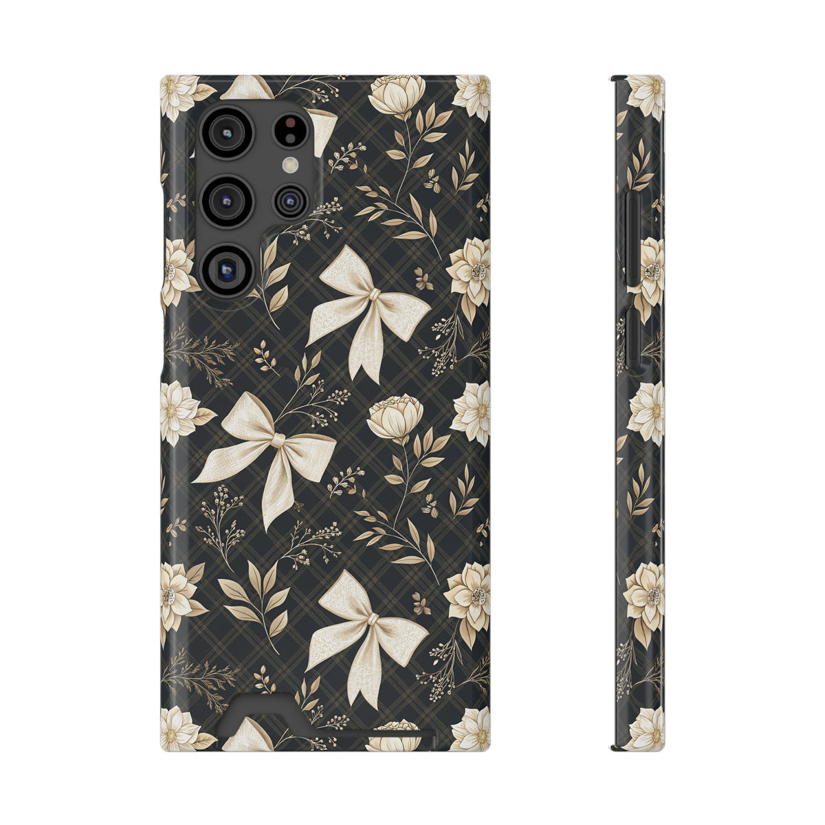 Midnight Bow phone case with card holder for Samsung Galaxy S22 Ultra, glossy finish