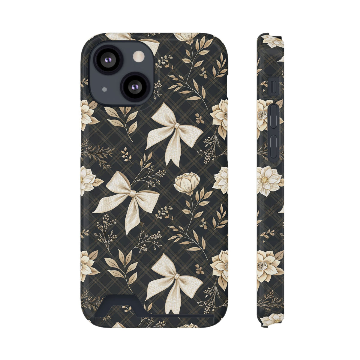 Midnight Bow phone case with card holder for iPhone 13 Mini, glossy finish