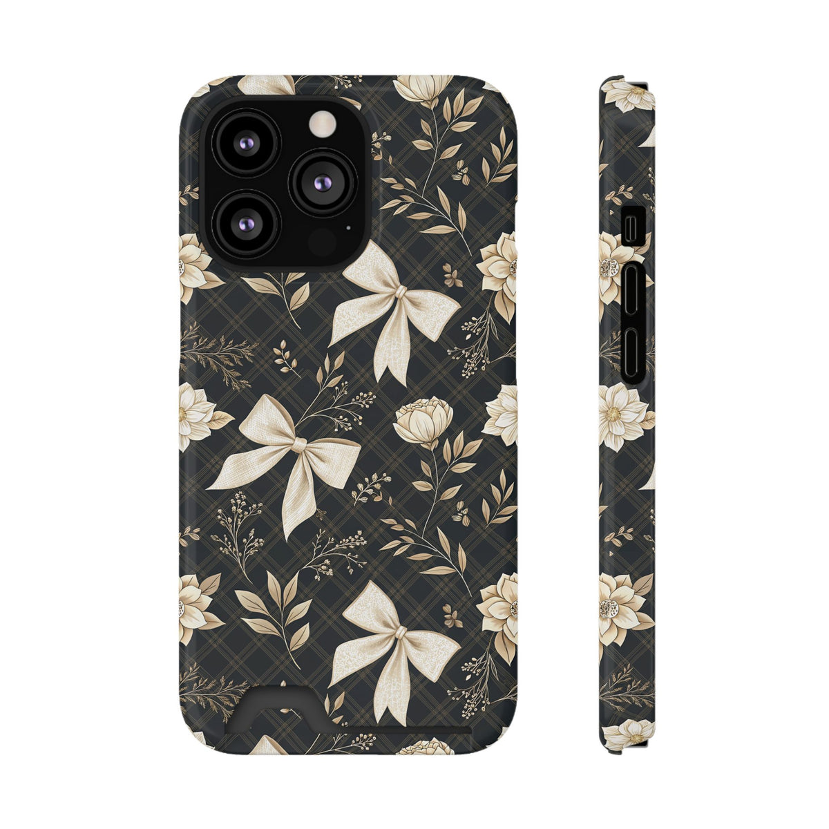 Midnight Bow phone case with card holder for iPhone 13 Pro, glossy finish