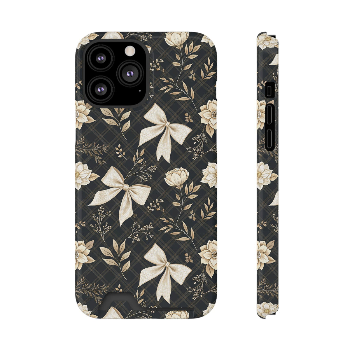 Midnight Bow phone case with card holder for iPhone 13 Pro Max, glossy finish