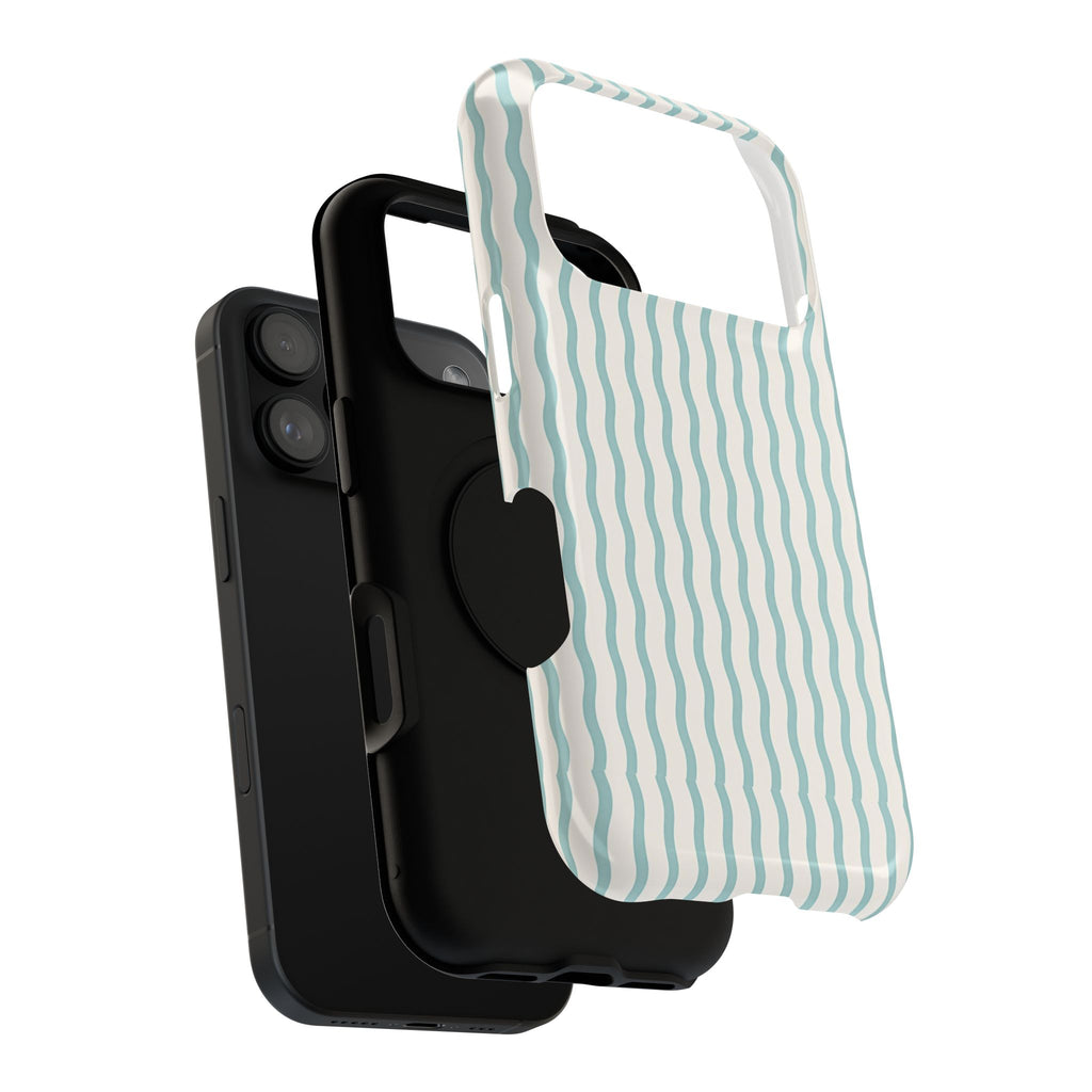 Mint Wave Stripe protective phone case, close-up of the dual-layer construction