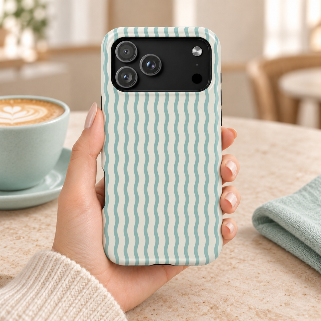 Mint Wave Stripe MagSafe case, wavy mint green stripes on white, lifestyle photo in hand with coffee