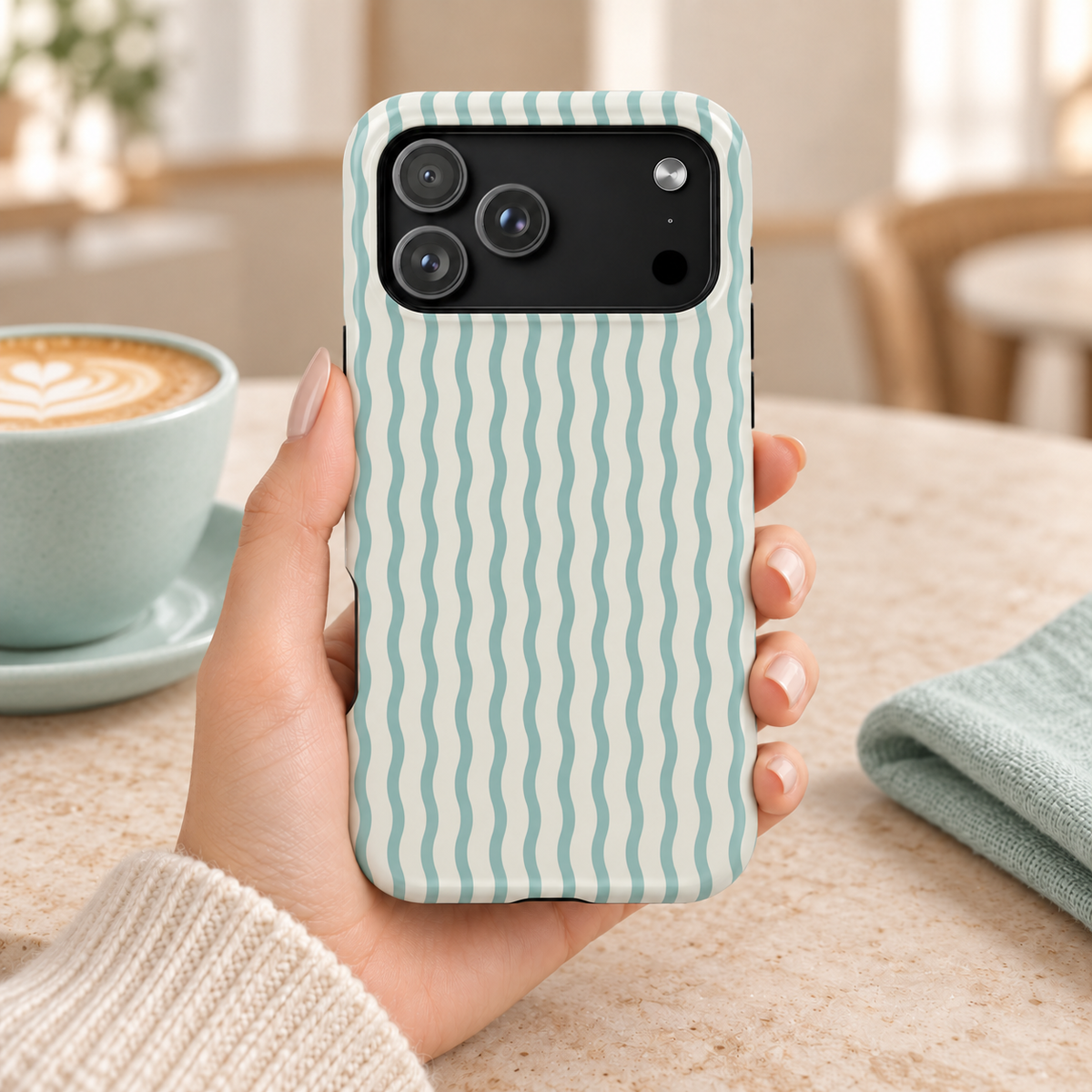 Mint Wave Stripe MagSafe case, wavy mint green stripes on white, lifestyle photo in hand with coffee