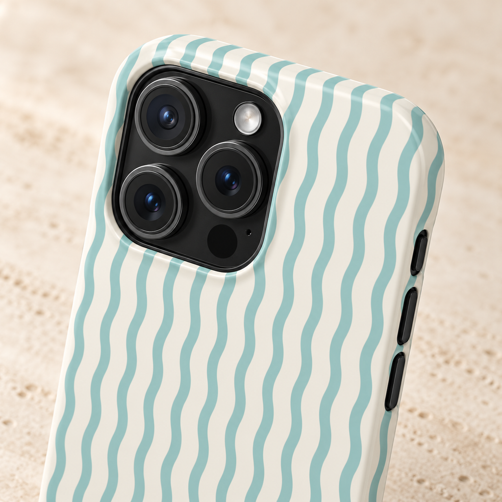 Mint Wave Stripe MagSafe case, wavy mint green stripes on white, lifestyle close-up of the camera