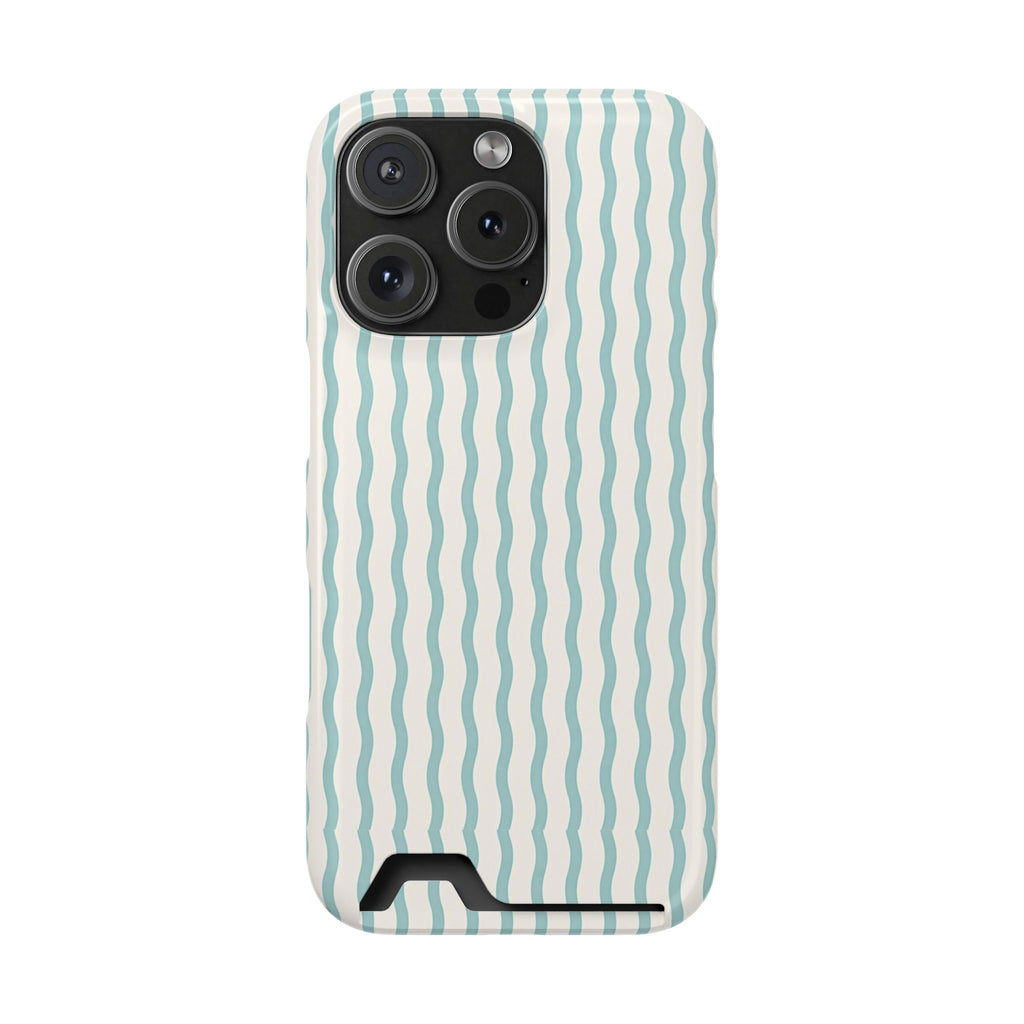 Mint Wave Stripe phone case with card holder for iPhone 16 Pro, glossy finish