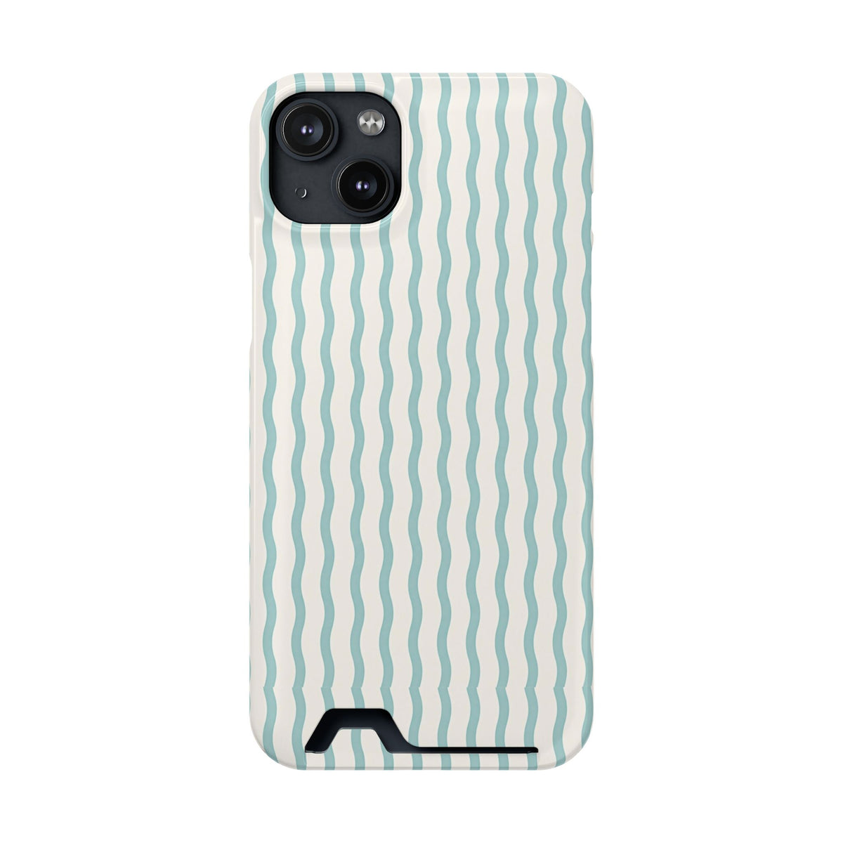 Mint Wave Stripe phone case with card holder for iPhone 14 Plus, glossy finish