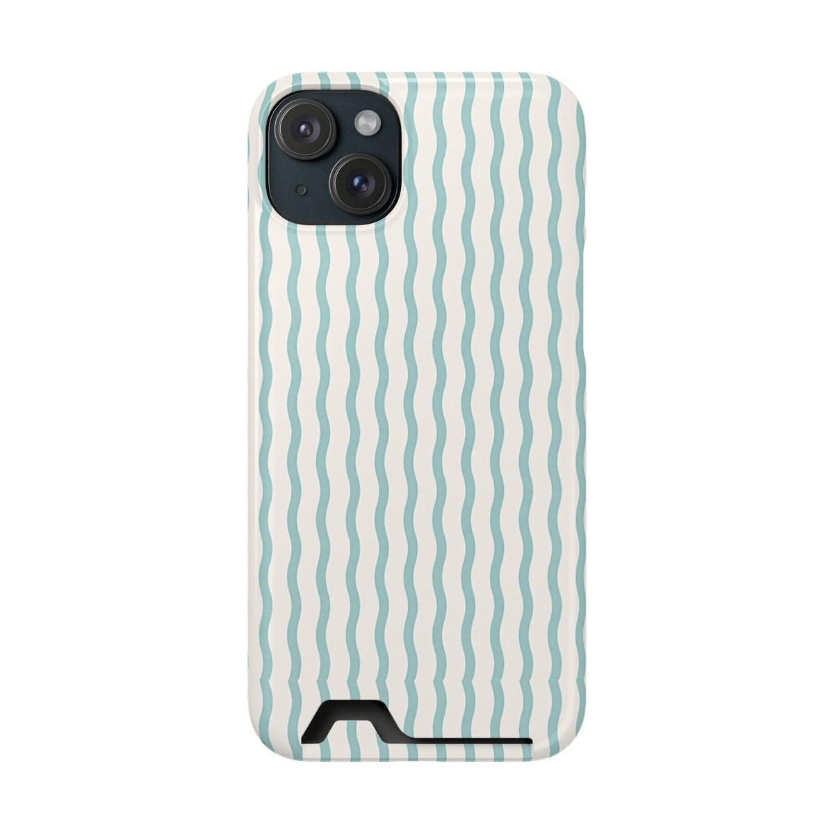 Mint Wave Stripe phone case with card holder for iPhone 15 Plus, glossy finish