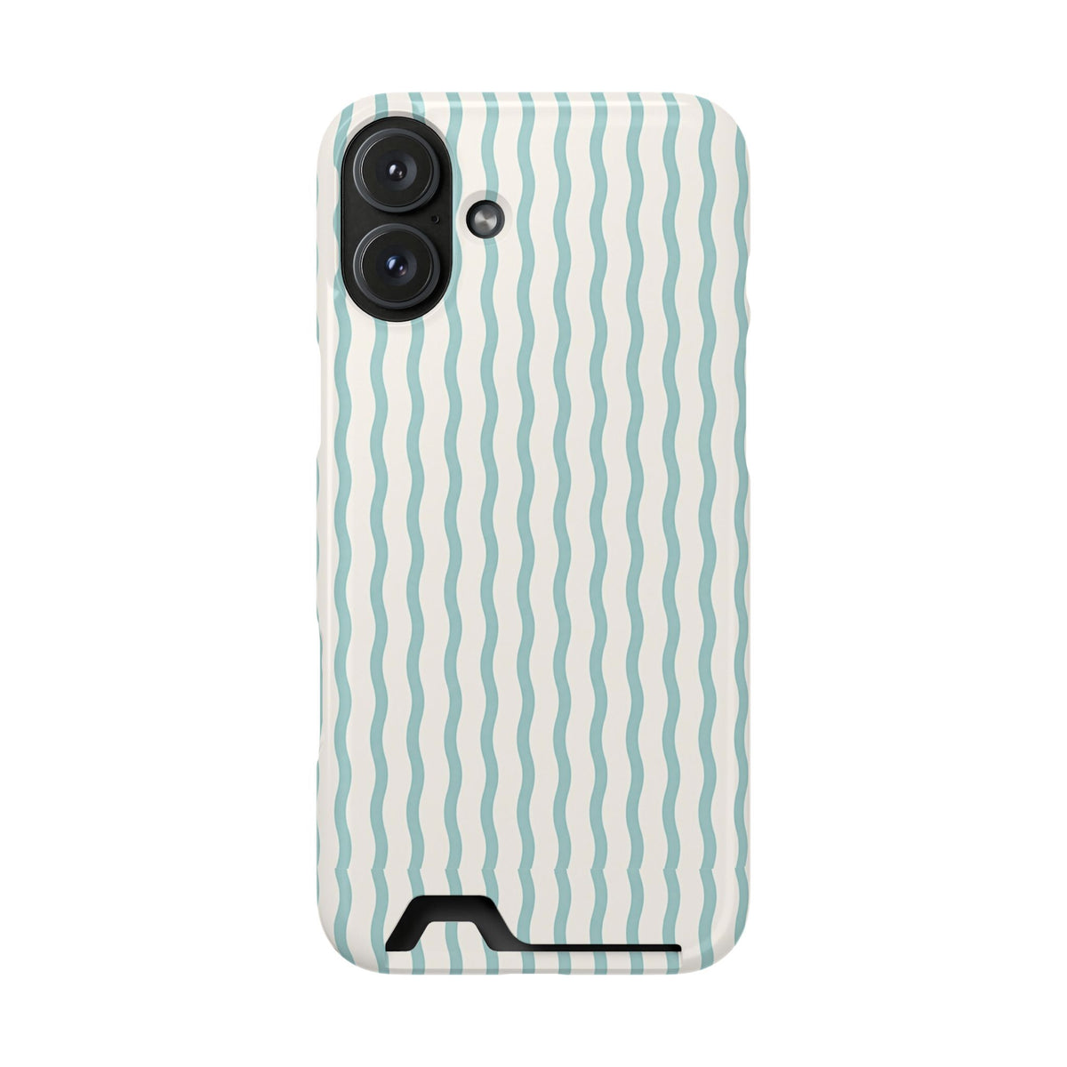 Mint Wave Stripe phone case with card holder for iPhone 16 Plus, glossy finish