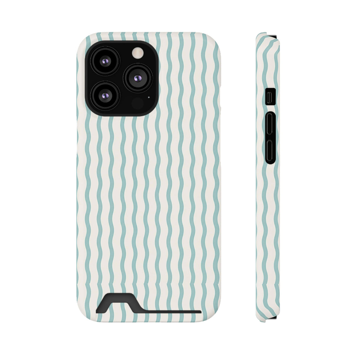 Mint Wave Stripe phone case with card holder for iPhone 13 Pro, glossy finish
