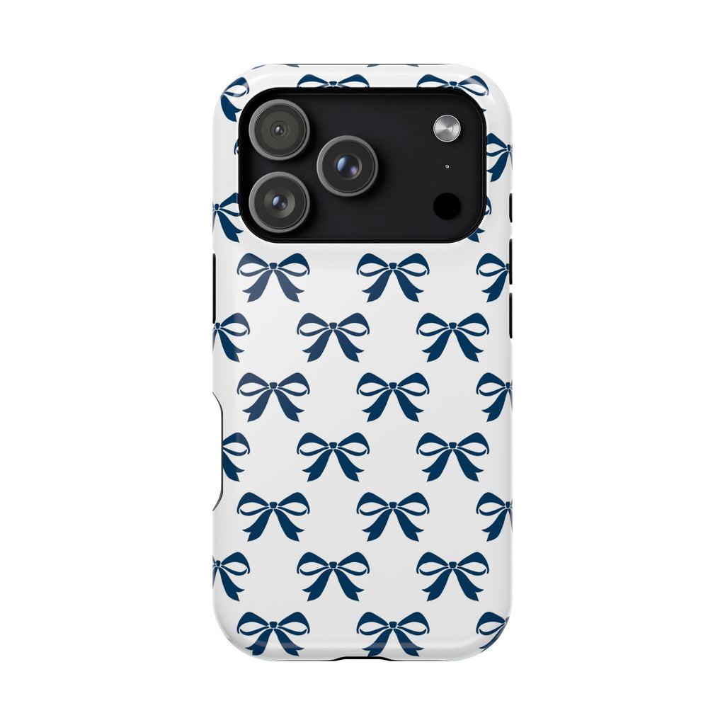 Navy Bow protective phone case for iPhone 18 Pro, glossy finish