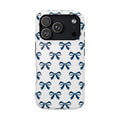 Navy Bow protective phone case for iPhone 18 Pro, glossy finish