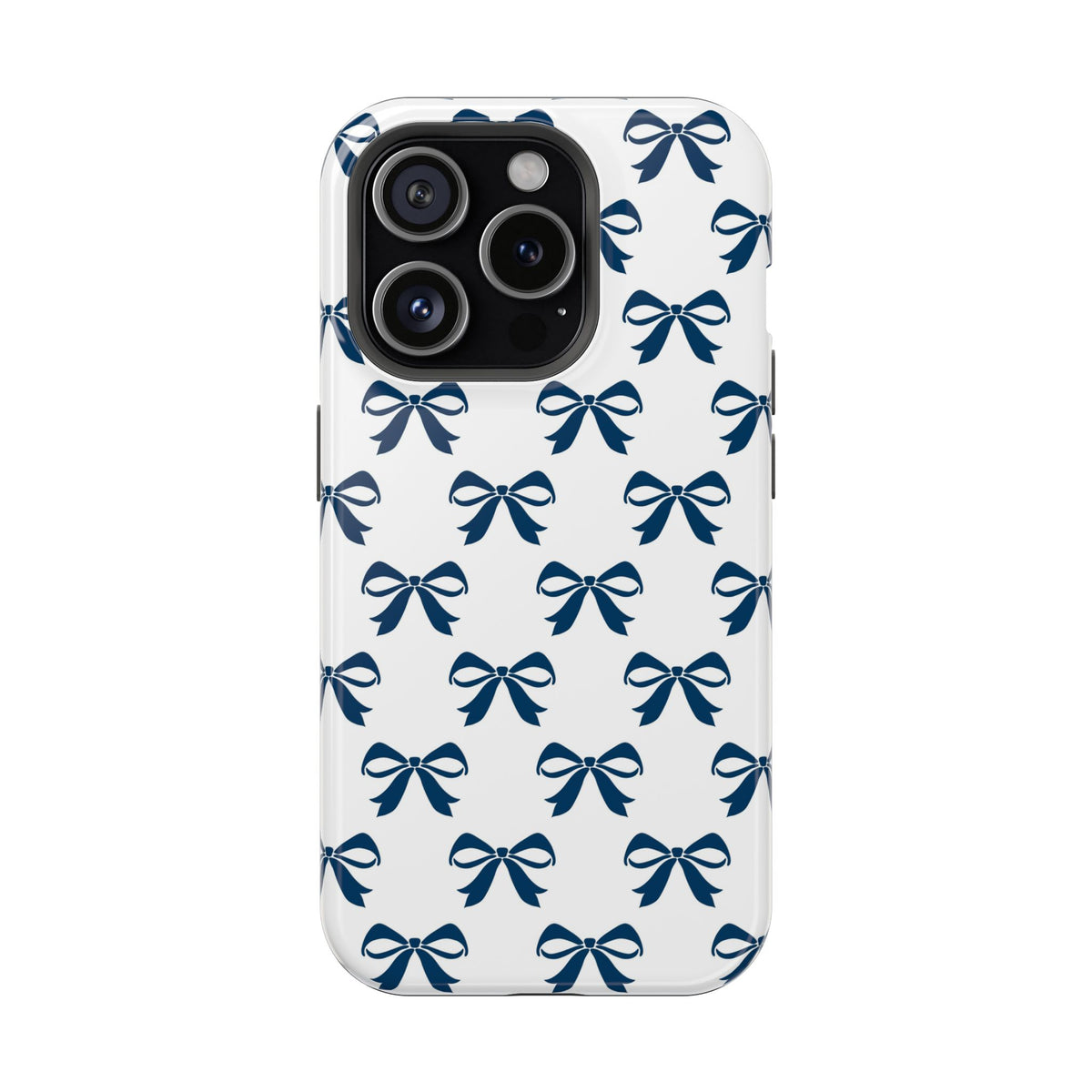 Navy Bow protective phone case for iPhone 15 Pro, glossy finish