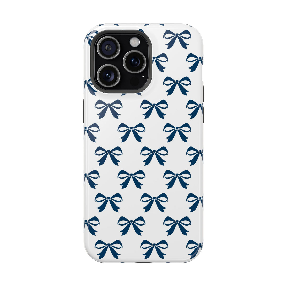 Navy Bow protective phone case for iPhone 15 Pro Max, glossy finish