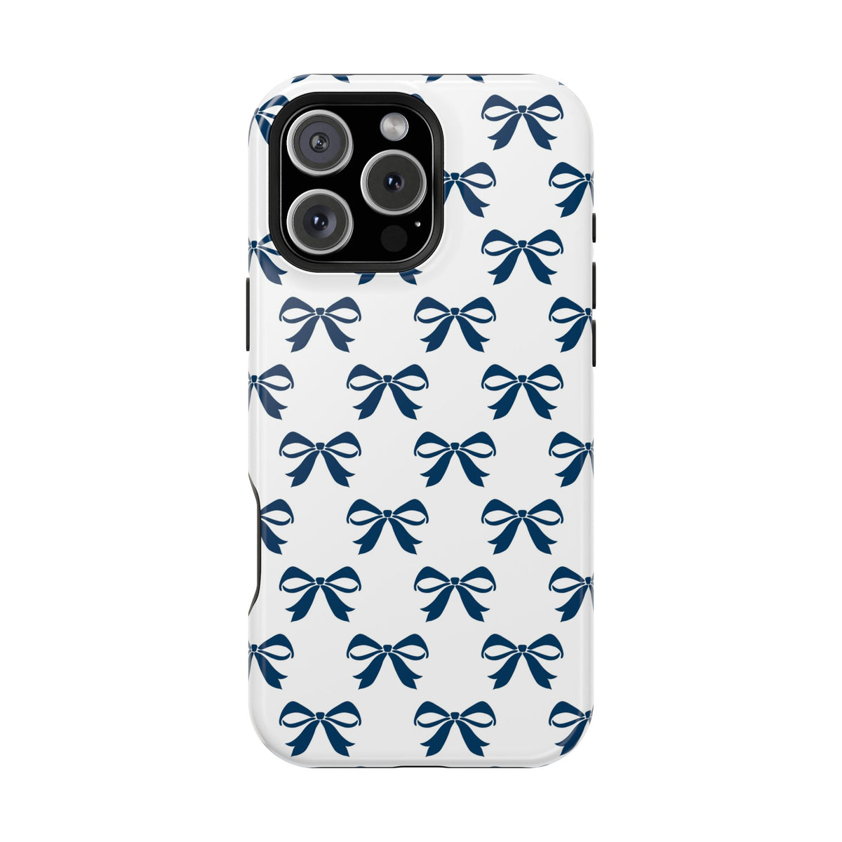 Navy Bow protective phone case for iPhone 16 Pro Max, glossy finish