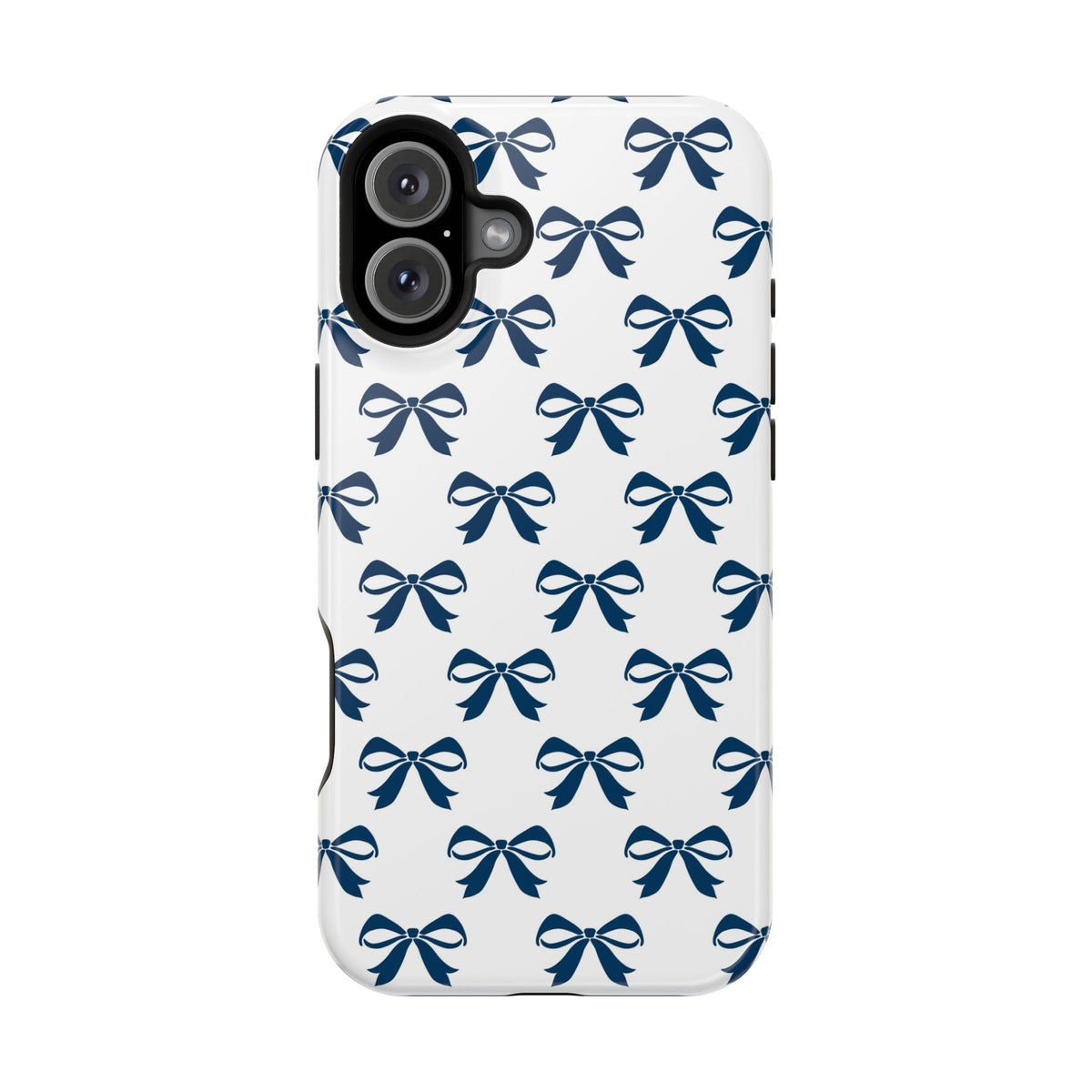 Navy Bow protective phone case for iPhone 16 Plus, glossy finish