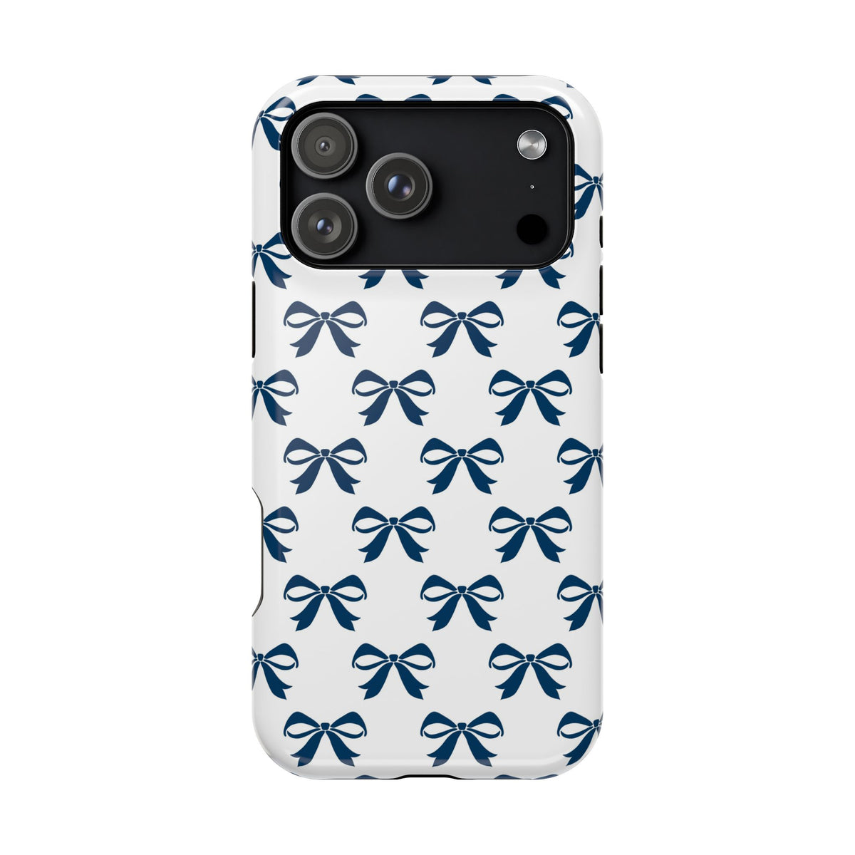 Navy Bow protective phone case for iPhone 18 Pro Max, glossy finish