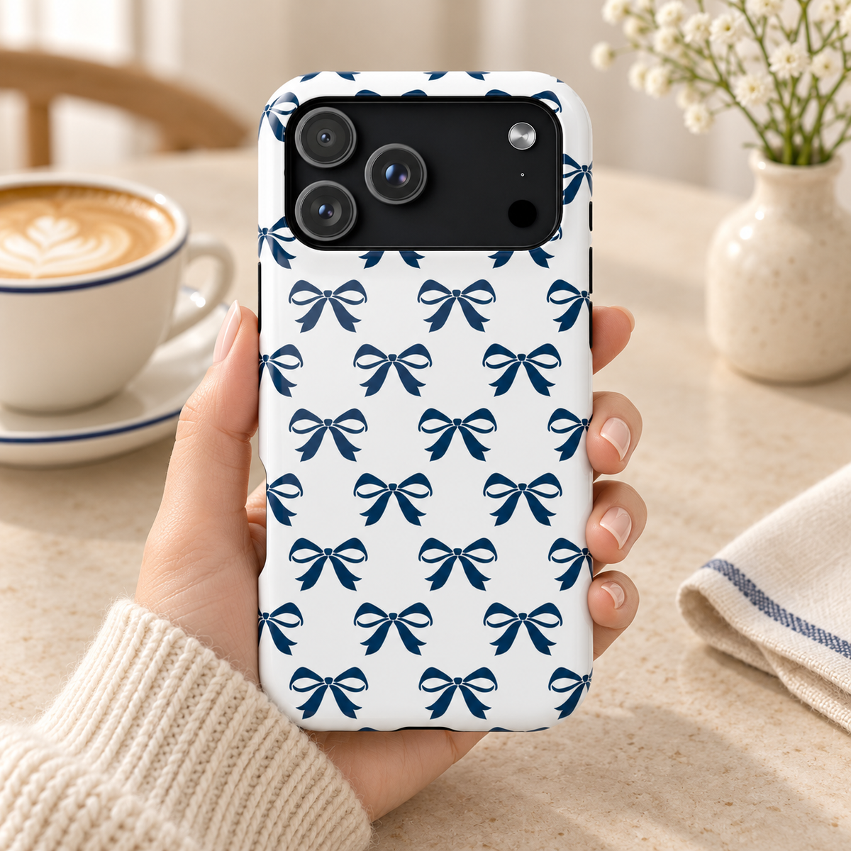 Navy Bow protective phone case, navy ribbon bows on white, lifestyle photo in hand with coffee