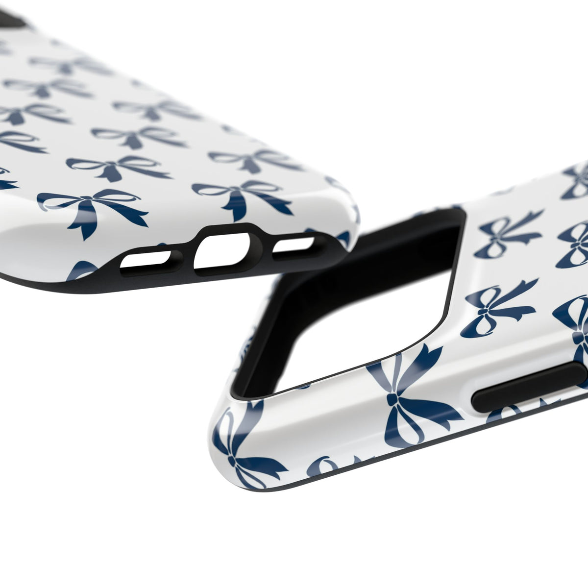 Navy Bow protective phone case, close-up at an angle
