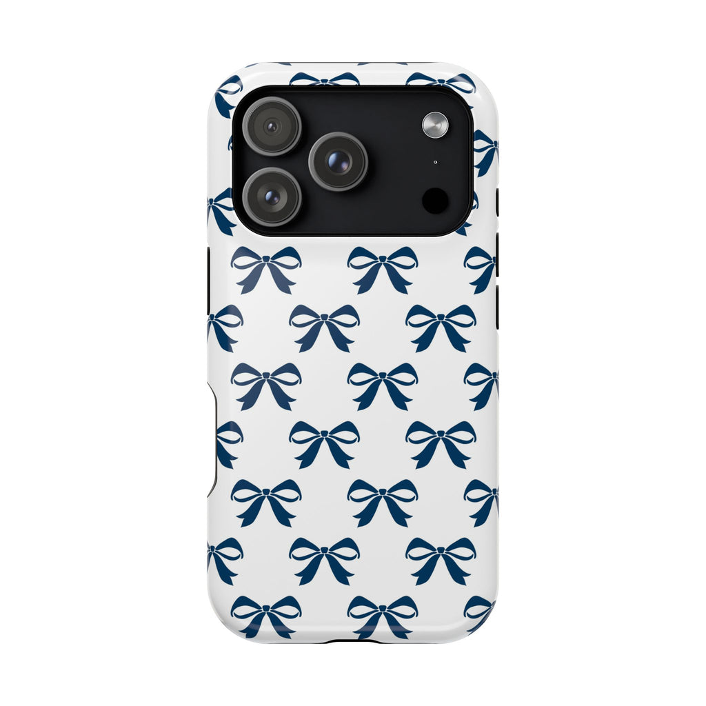 Navy Bow MagSafe case for iPhone 18 Pro, glossy finish