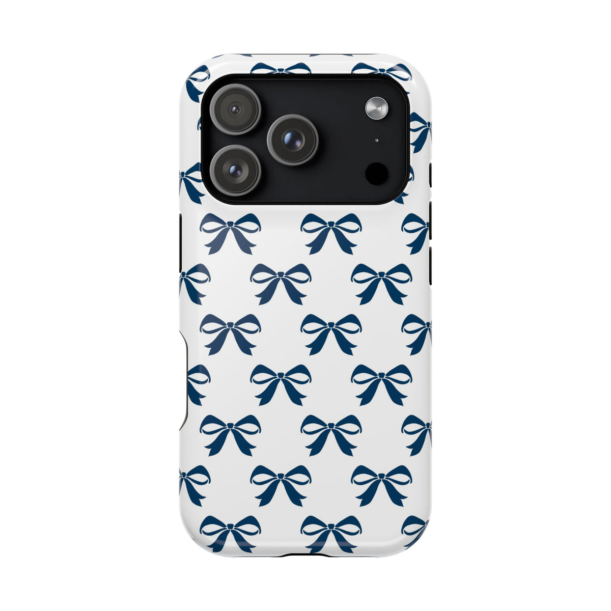 Navy Bow MagSafe case for iPhone 18 Pro, glossy finish
