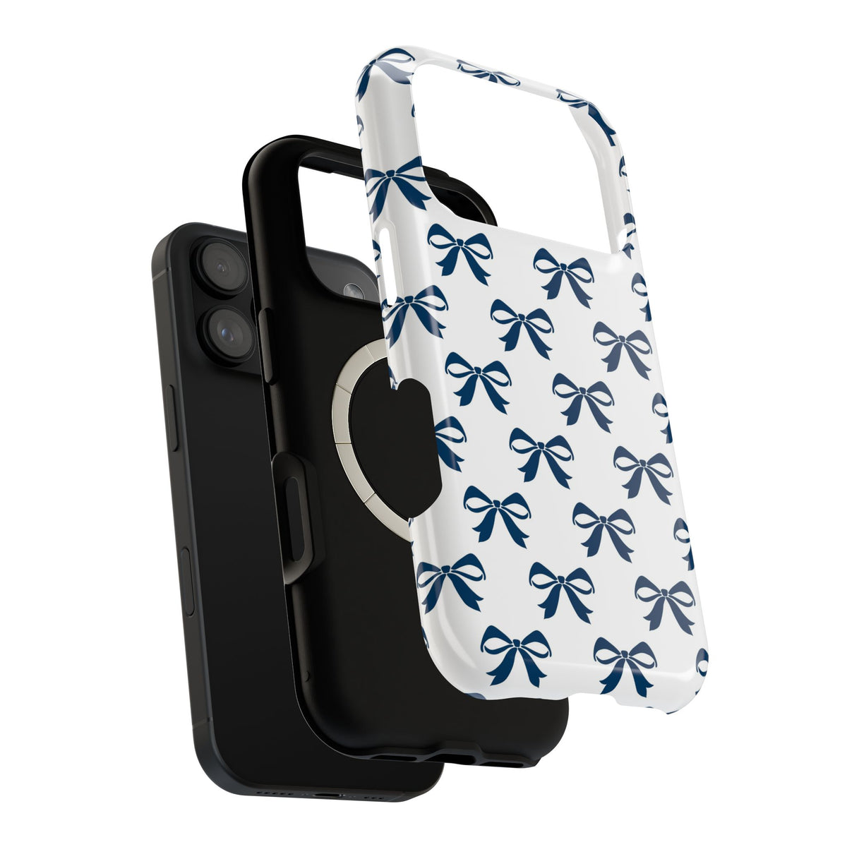 Navy Bow MagSafe case, close-up of the dual-layer construction