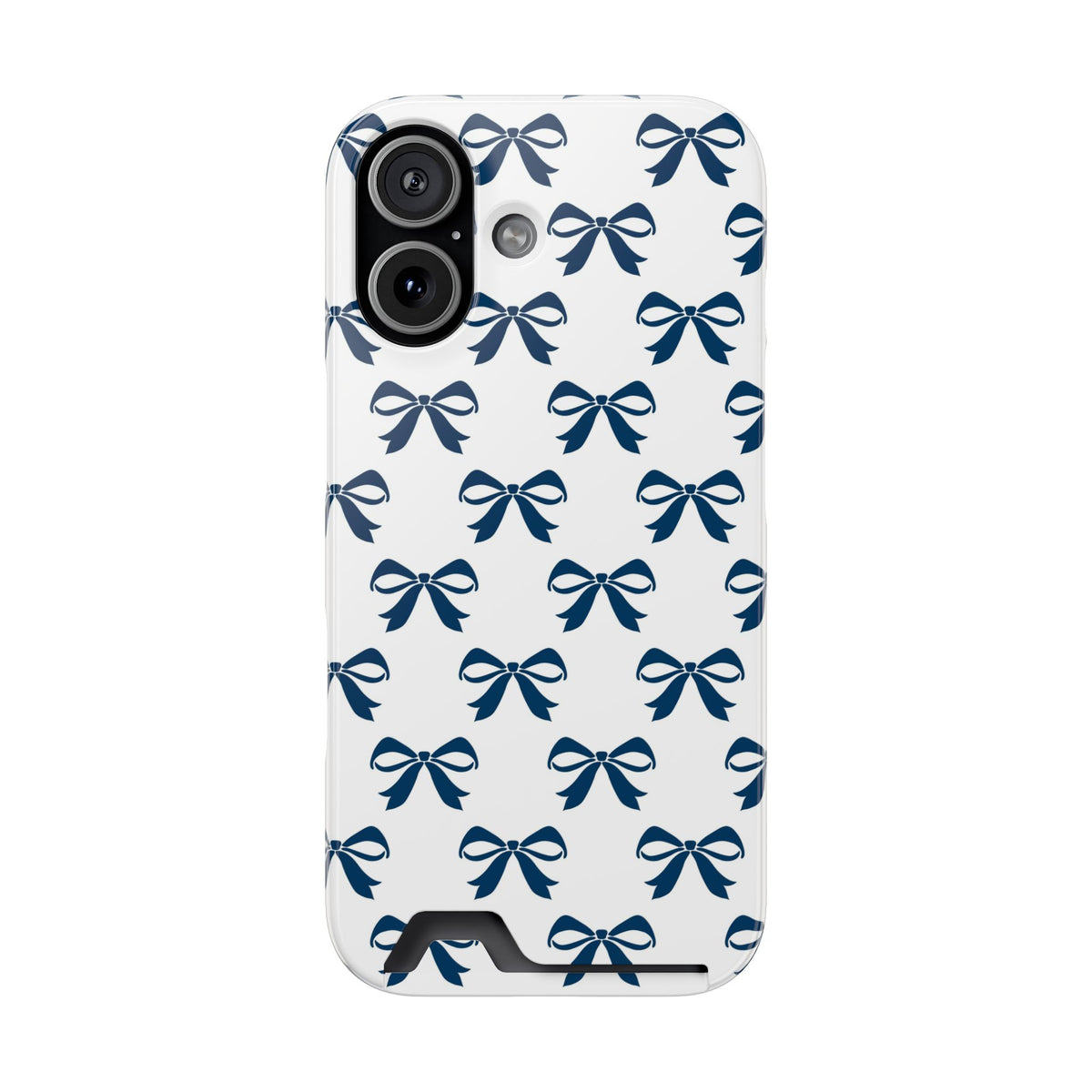 Navy Bow phone case with card holder for iPhone 17, glossy finish