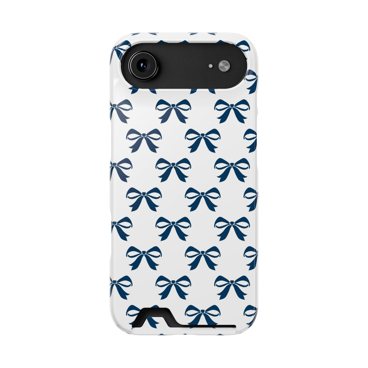 Navy Bow phone case with card holder for iPhone 17 Air, glossy finish