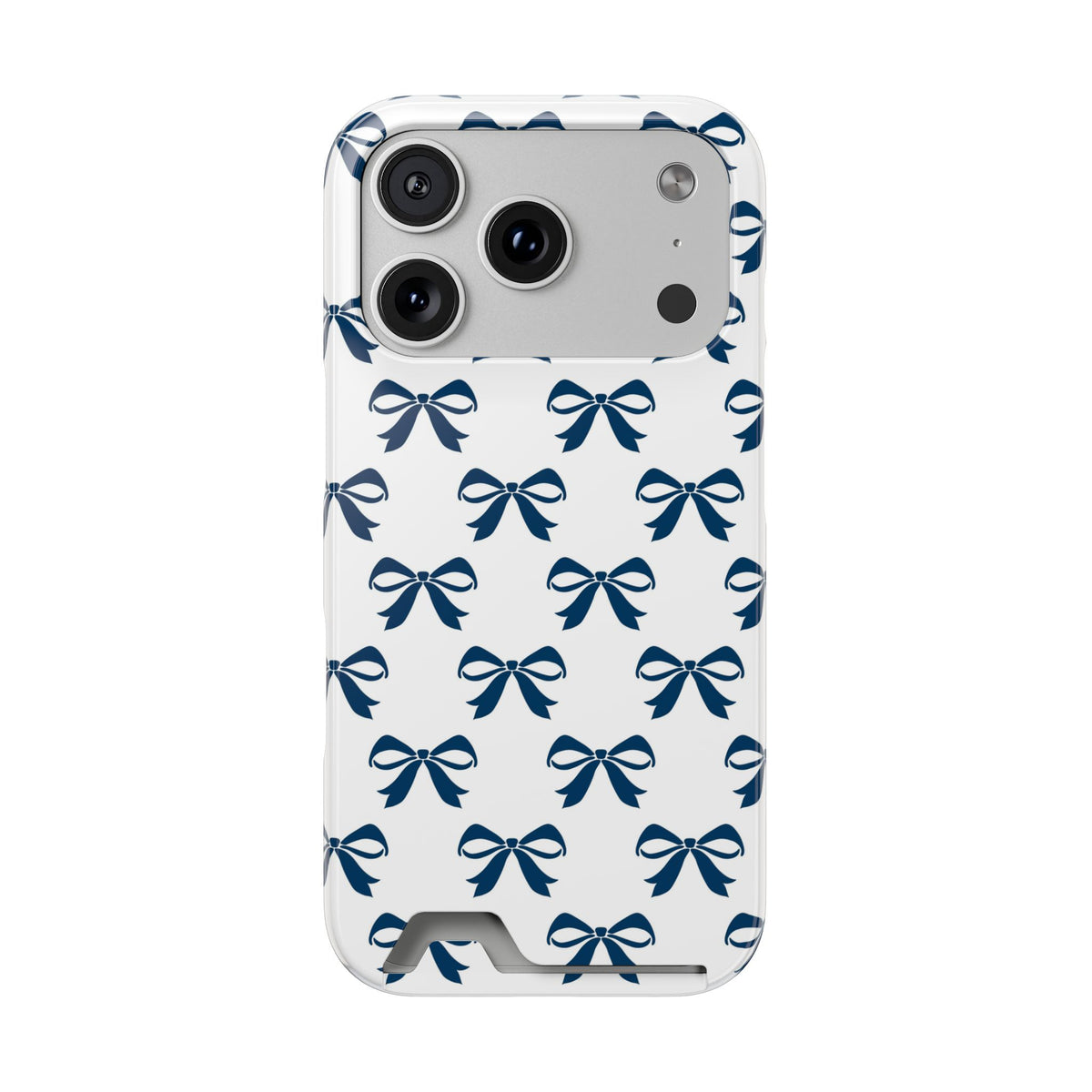Navy Bow phone case with card holder for iPhone 17 Pro, glossy finish