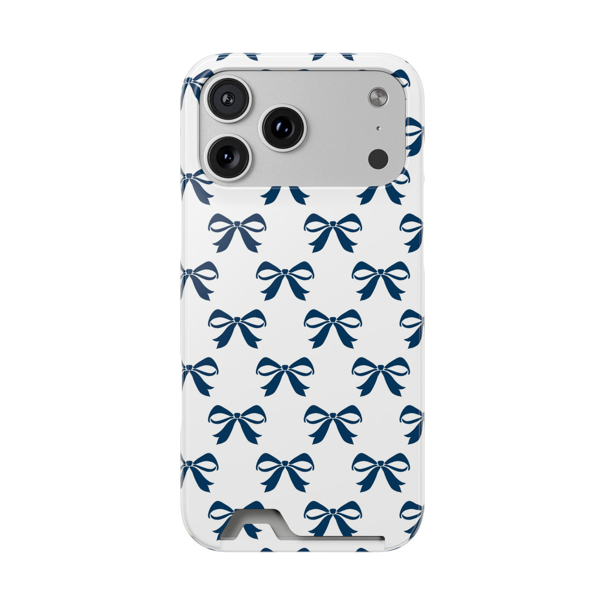 Navy Bow phone case with card holder for iPhone 17 Pro Max, glossy finish