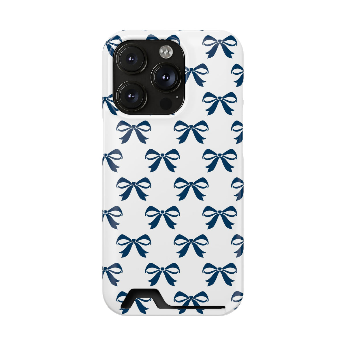 Navy Bow phone case with card holder for iPhone 14 Pro, glossy finish
