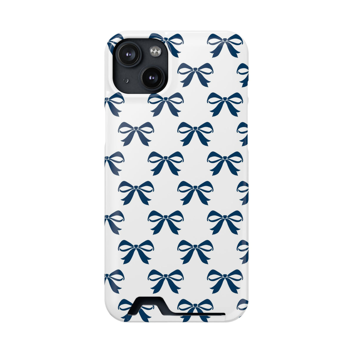 Navy Bow phone case with card holder for iPhone 14 Plus, glossy finish