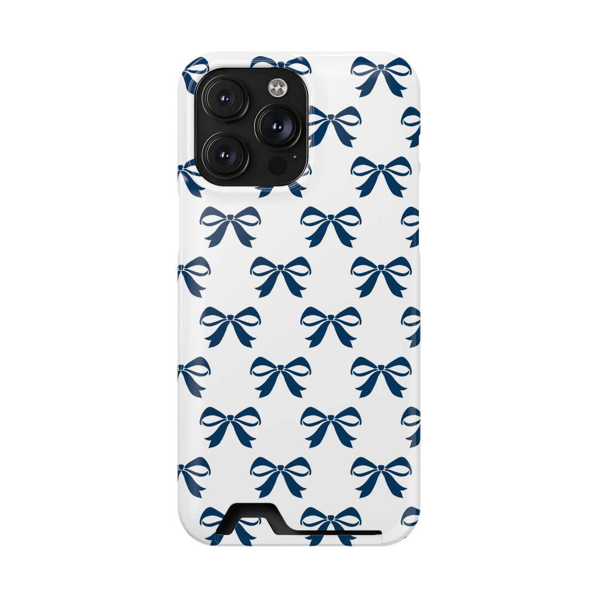 Navy Bow phone case with card holder for iPhone 14 Pro Max, glossy finish