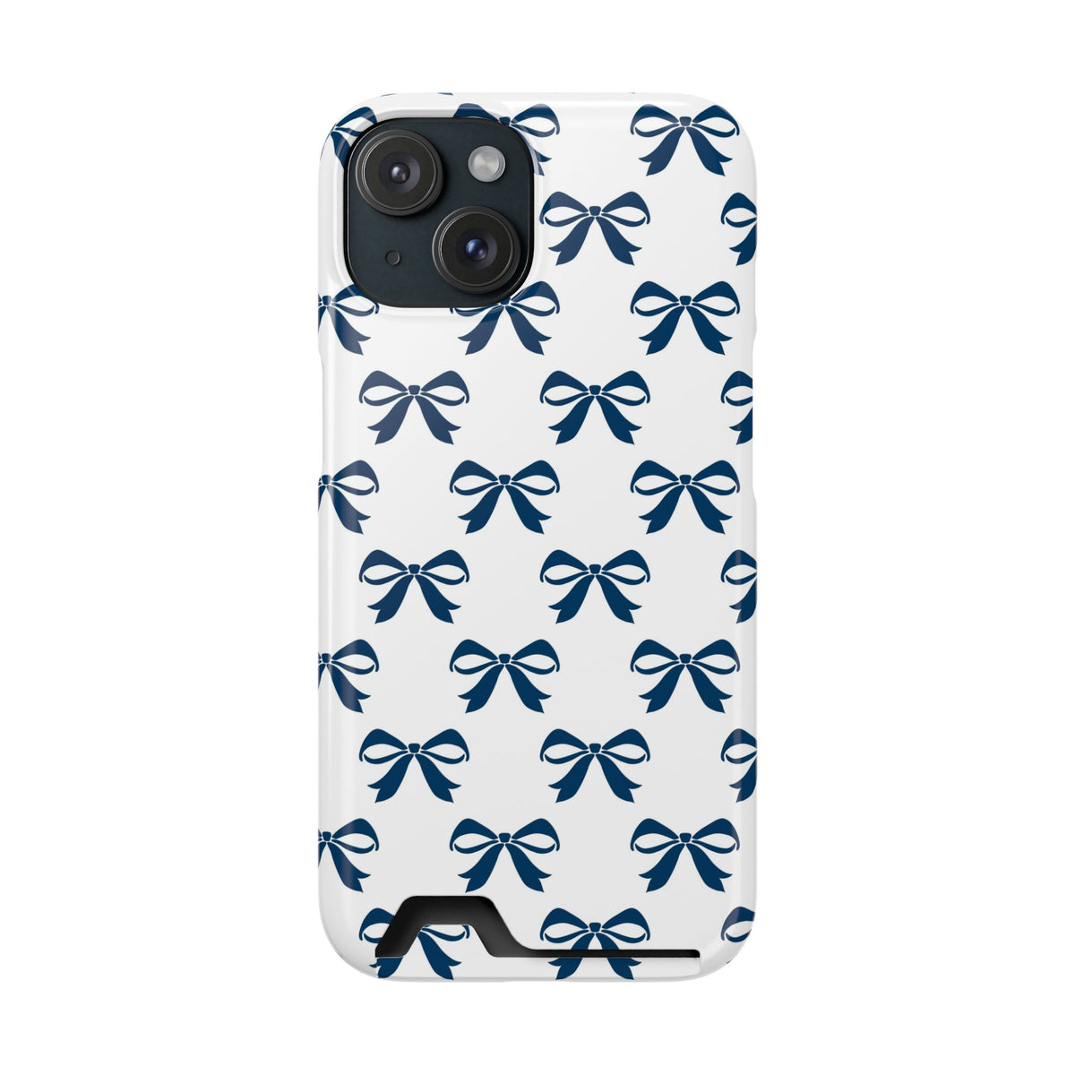 Navy Bow phone case with card holder for iPhone 15, glossy finish
