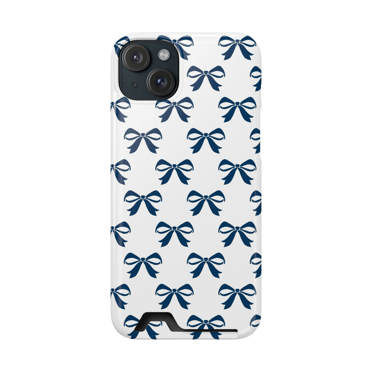 Navy Bow phone case with card holder for iPhone 15 Plus, glossy finish