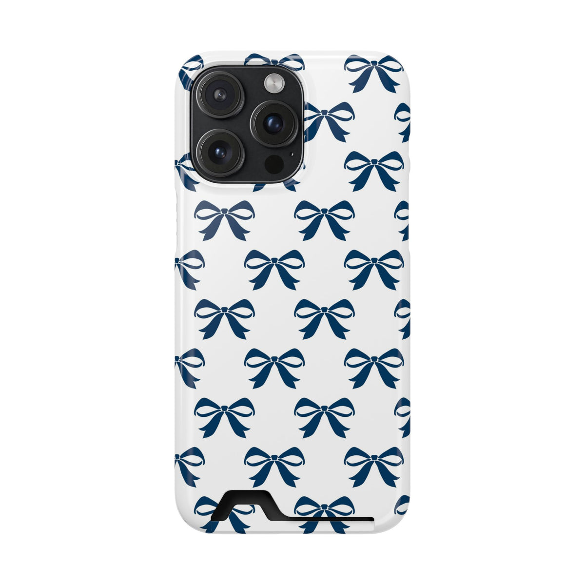 Navy Bow phone case with card holder for iPhone 15 Pro Max, glossy finish