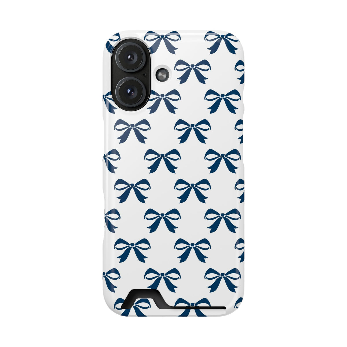 Navy Bow phone case with card holder for iPhone 16, glossy finish