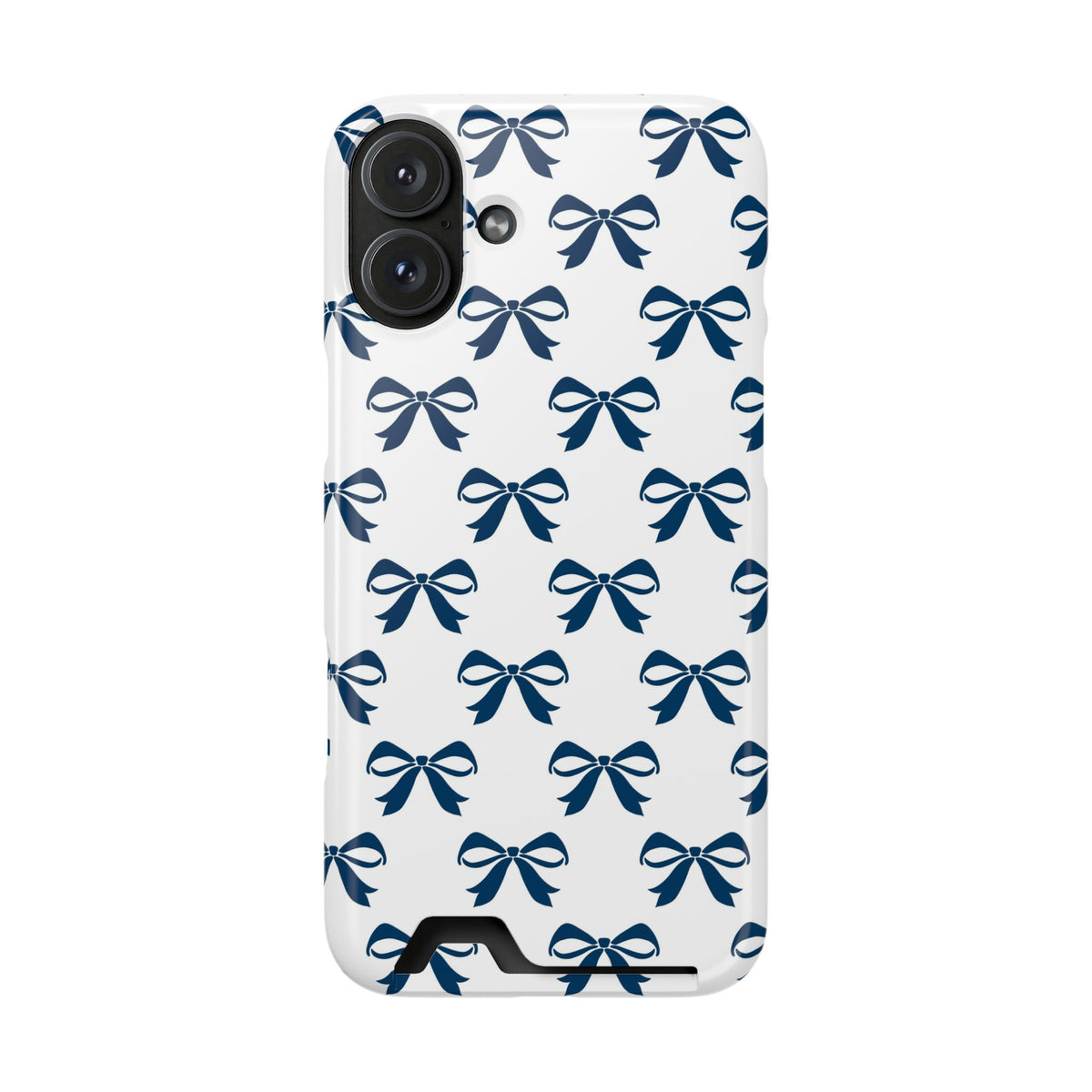 Navy Bow phone case with card holder for iPhone 16 Plus, glossy finish