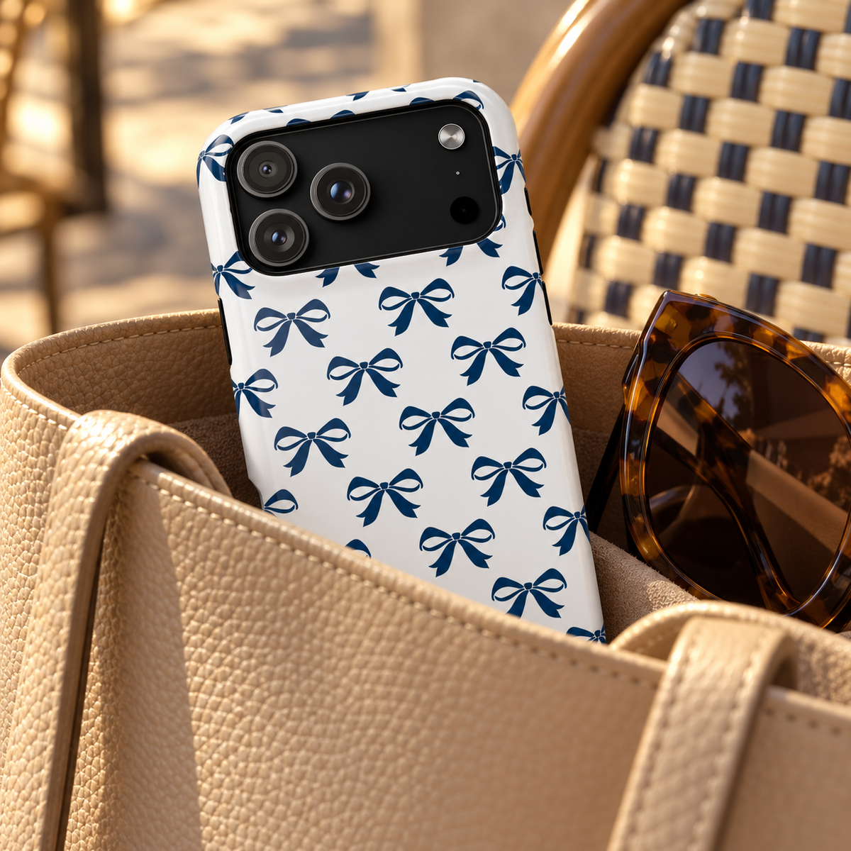 Navy Bow phone case with card holder, navy ribbon bows on white, lifestyle photo in a handbag