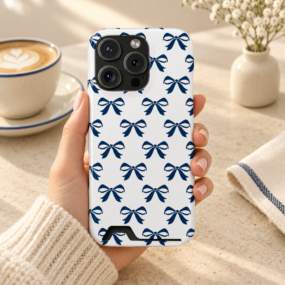 Navy Bow phone case with card holder, navy ribbon bows on white, lifestyle photo in hand with coffee