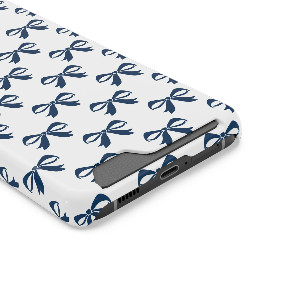 Navy Bow phone case with card holder, close-up of the card slot
