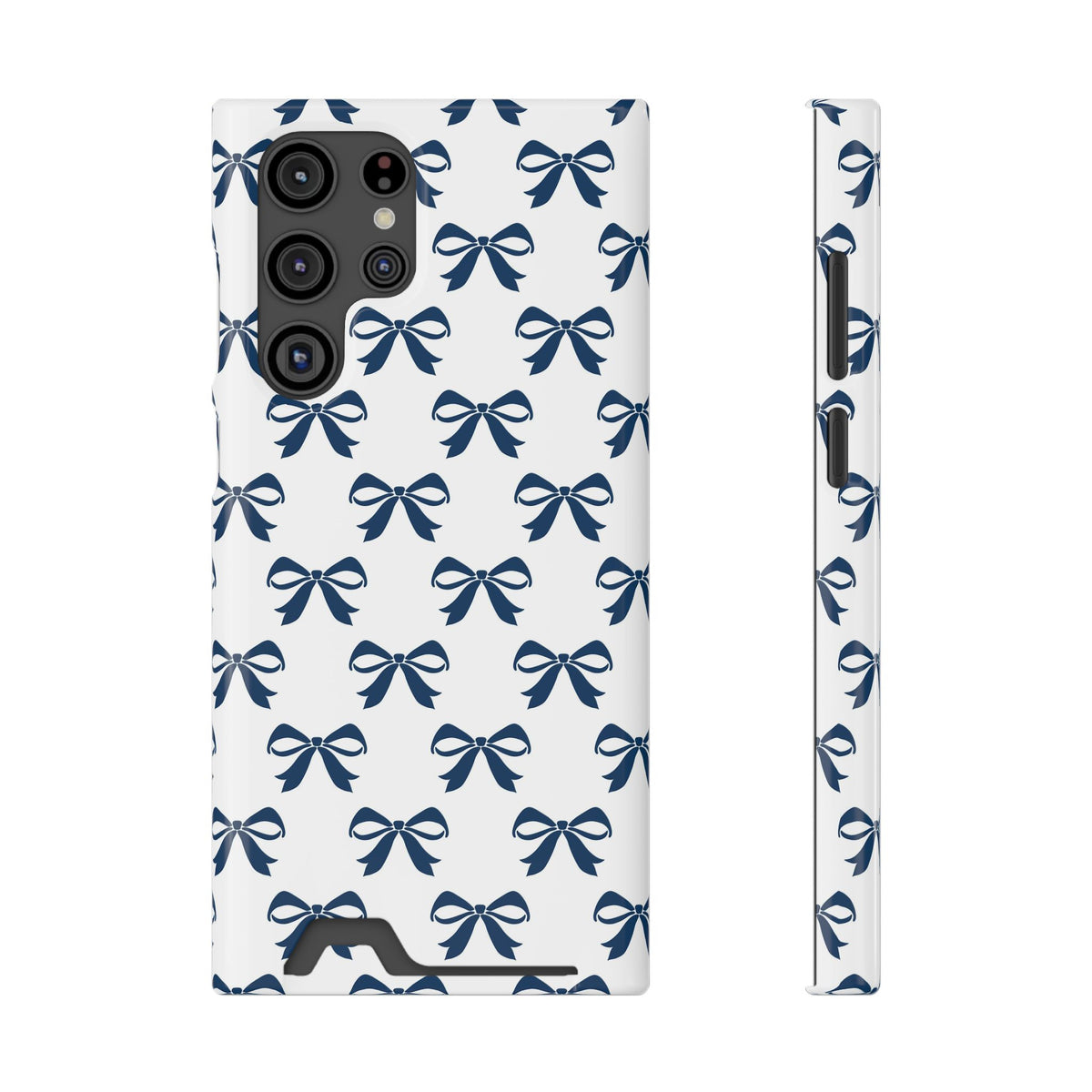 Navy Bow phone case with card holder for Samsung Galaxy S22 Ultra, glossy finish