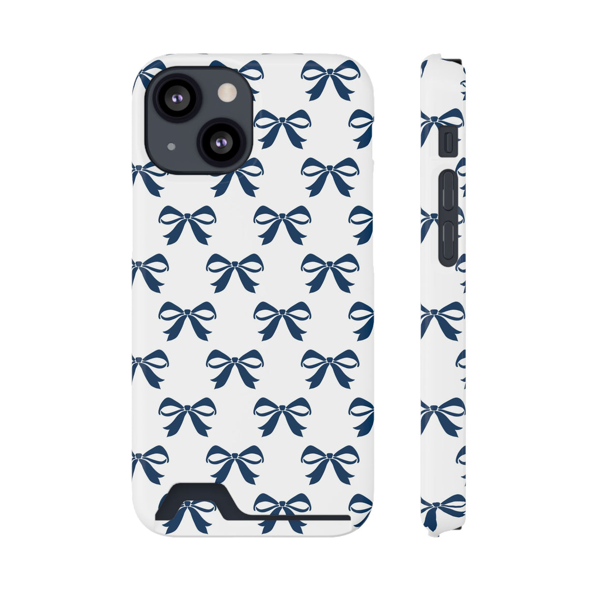 Navy Bow phone case with card holder for iPhone 13 Mini, glossy finish