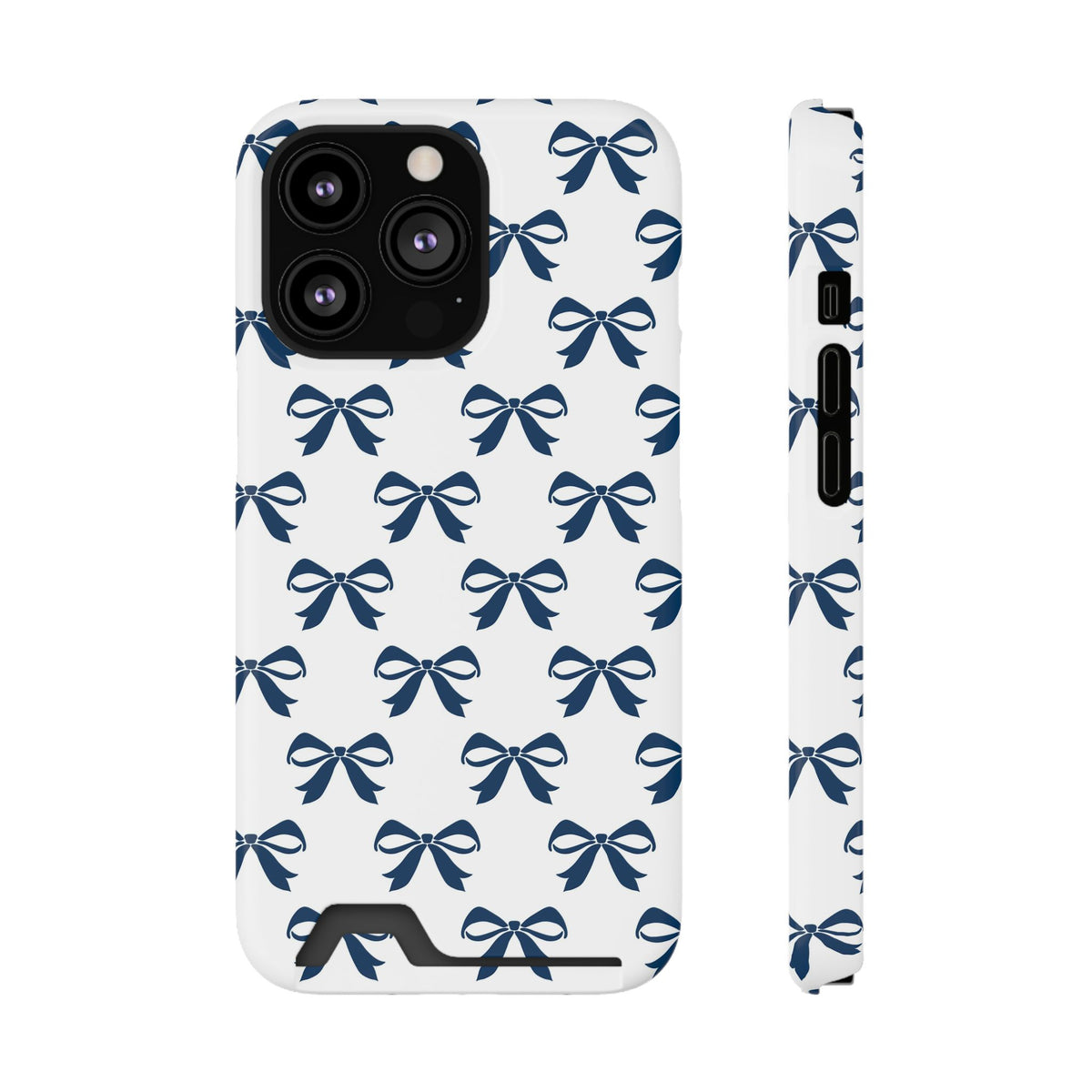 Navy Bow phone case with card holder for iPhone 13 Pro, glossy finish