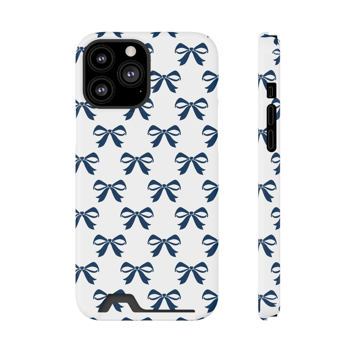 Navy Bow phone case with card holder for iPhone 13 Pro Max, glossy finish