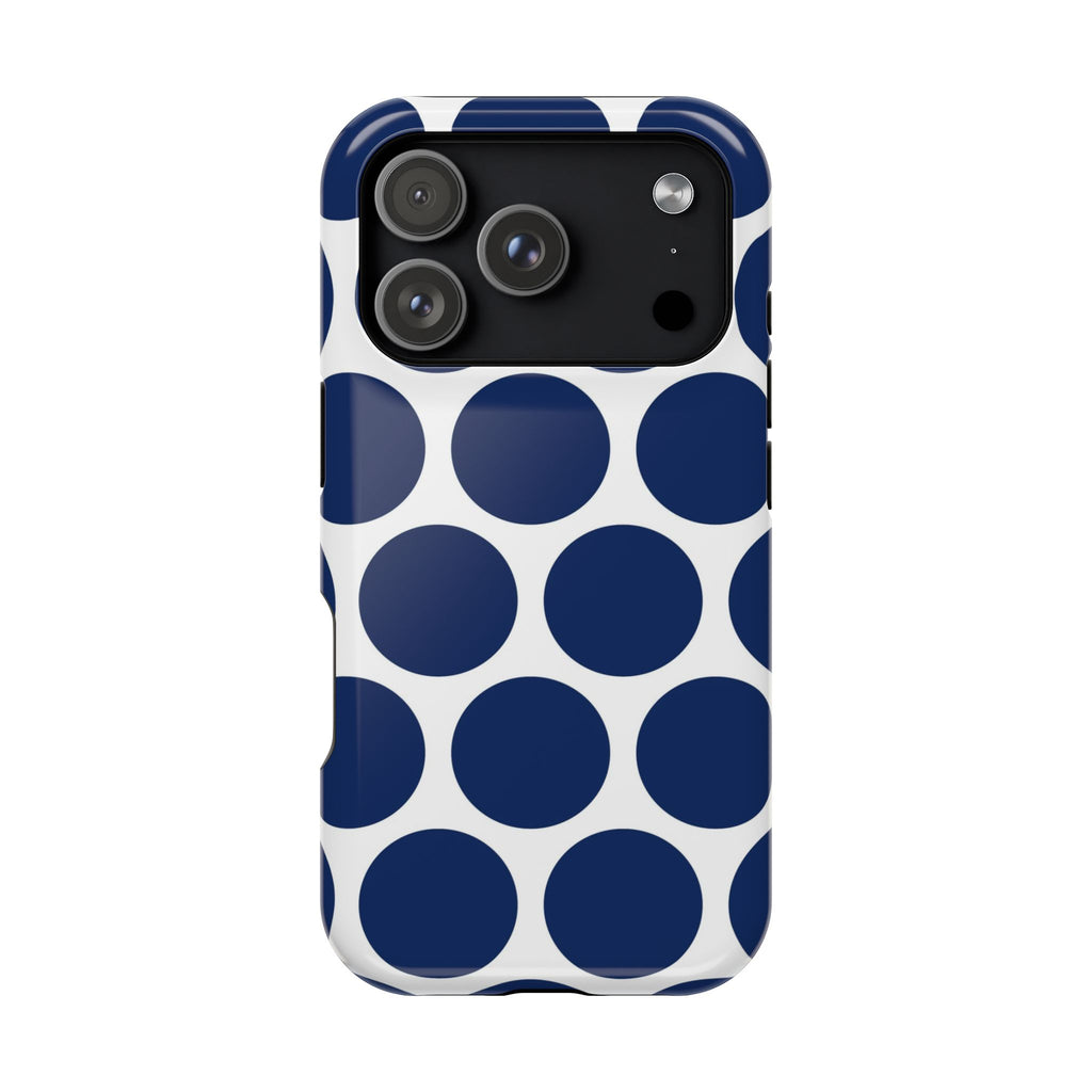 Navy Polka Dot protective phone case for iPhone 18 Pro, glossy finish