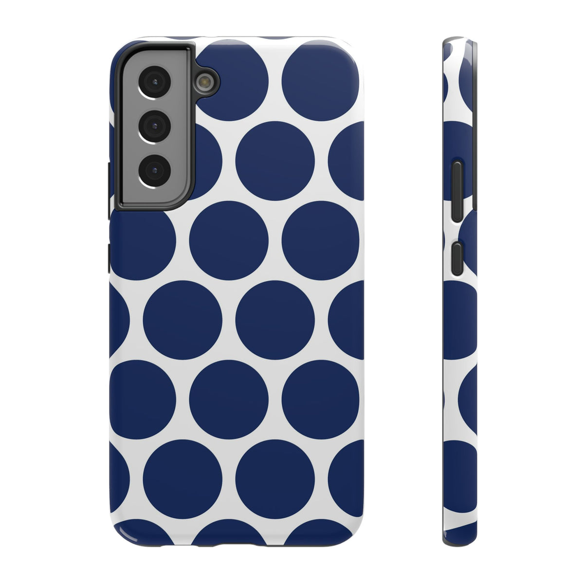 Navy Polka Dot protective phone case for Samsung Galaxy S22 Plus, glossy finish