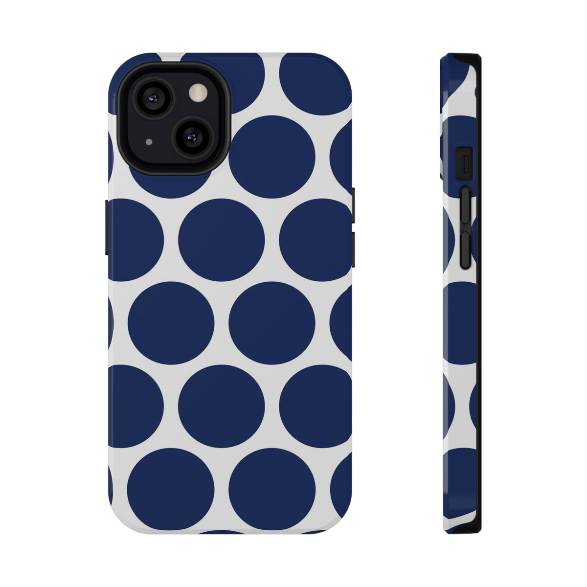Navy Polka Dot protective phone case for iPhone 13, glossy finish