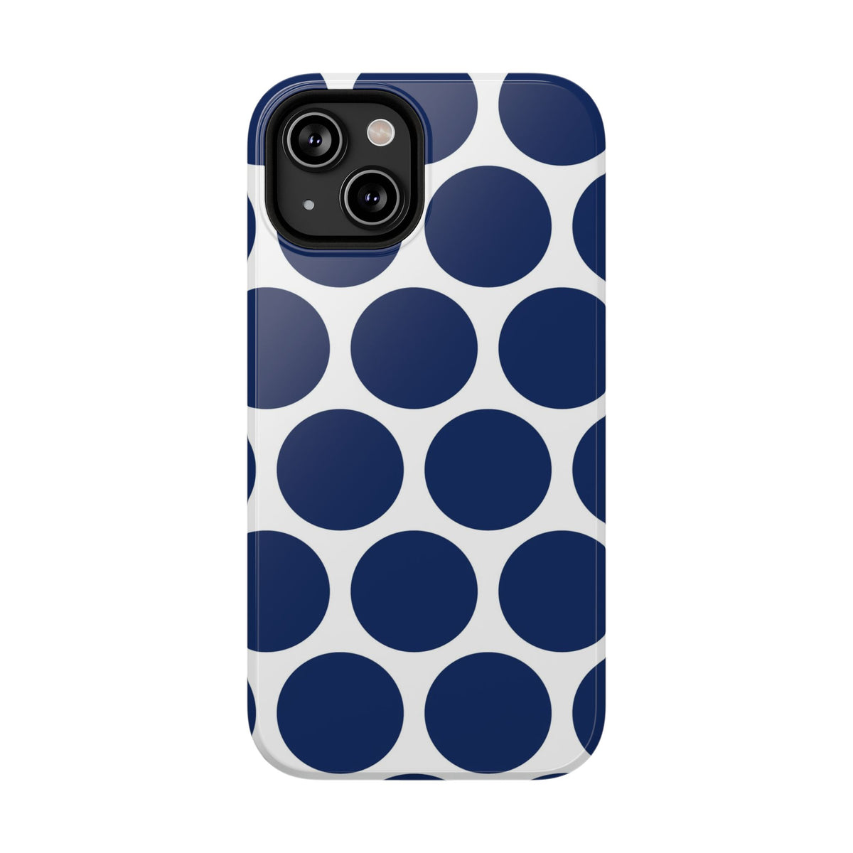 Navy Polka Dot protective phone case for iPhone 14, glossy finish
