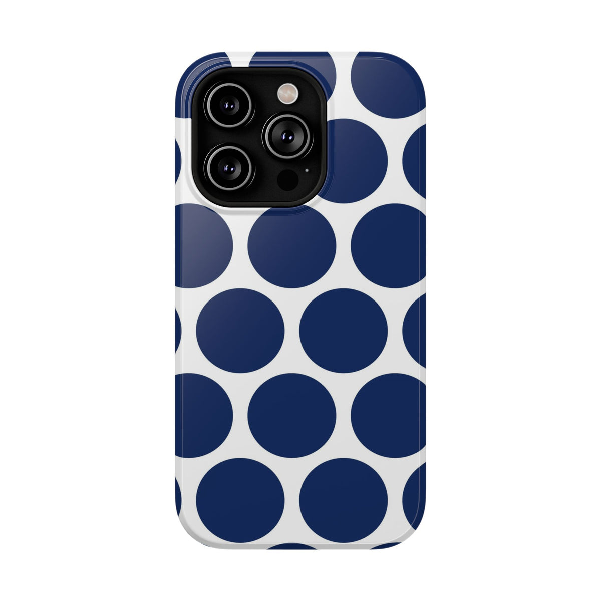 Navy Polka Dot protective phone case for iPhone 14 Pro, glossy finish